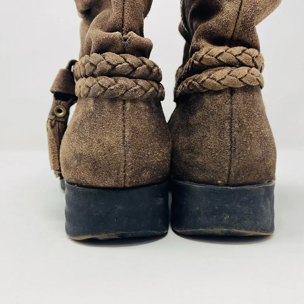 Born 7 Brown Ouvea Slouchy Zip Ankle Boots Distressed Suede Boho Western Braided